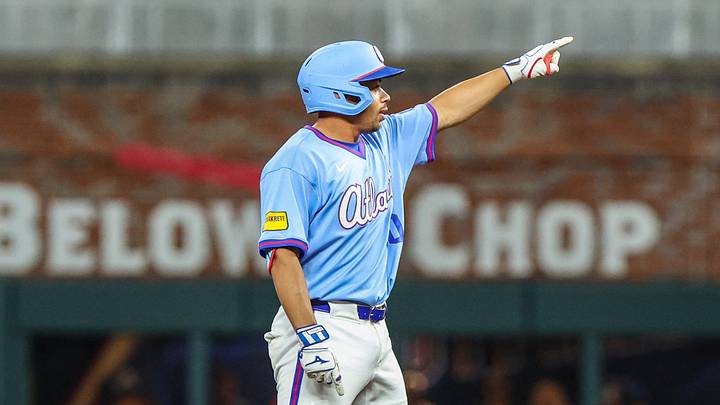 Sep 12, 2026; Cumberland, Georgia, USA;  Atlanta Braves catcher Drake Baldwin (30) celebrates hitting a double against the Philadelphia Phillies during the fourth inning at Truist Park.  Mandatory Credit: Jordan Godfree-Imagn Images