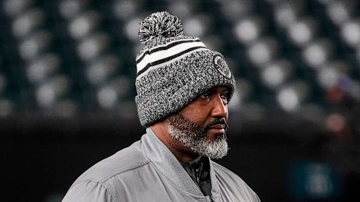 Detroit Lions general manager Brad Holmes watches warmups ahead of the Philadelphia Eagles game at Lincoln Financial Field in Philadelphia on Sunday, November 16, 2025.