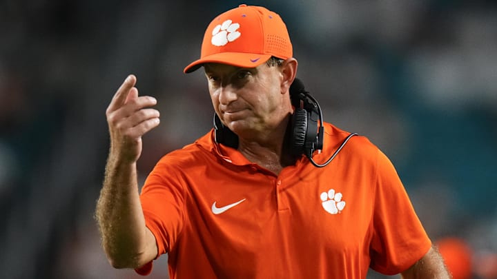 Oct 21, 2023; Miami Gardens, Florida, USA; Clemson Tigers head coach looks on against the Miami Hurricanes during the fourth quarter at Hard Rock Stadium