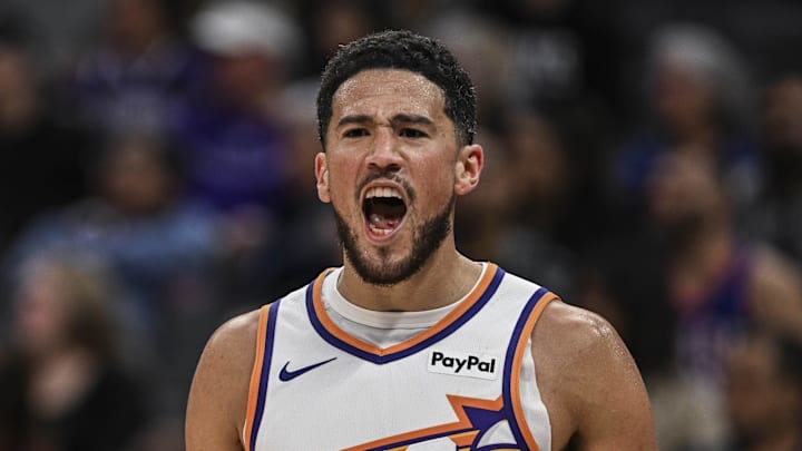 Mar 3, 2026; Sacramento, California, USA; Phoenix Suns guard Devin Booker (1) reacts during the third quarter against the Sacramento Kings at Golden 1 Center. Mandatory Credit: Justine Willard-Imagn Images