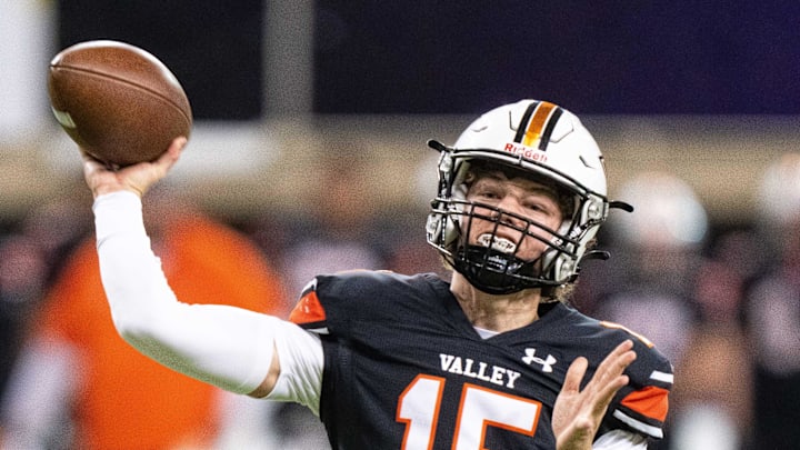 Valley's Drake DeGroote (15) looks to throw on Friday, Nov. 22, 2024, at the UNI-Dome in Cedar Falls, IA.