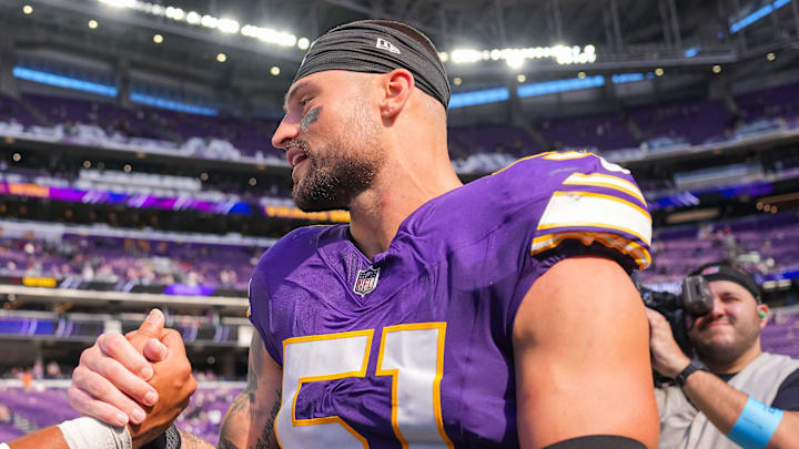 Sep 22, 2024; Minneapolis, Minnesota, USA; Houston Texans quarterback C.J. Stroud (7) and Minnesota Vikings linebacker Blake Cashman (51) after the game at U.S. Bank Stadium.