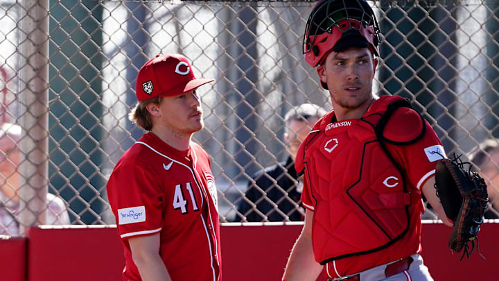 Cincinnati Reds pitcher Andrew Abbott (41) and Cincinnati Reds catcher Tyler Stephenson (37) Cincinnati Reds pitcher Andrew Abbott (41) and Cincinnati Reds catcher Tyler Stephenson (37)