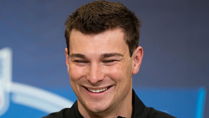 Feb 27, 2026; Indianapolis, IN, USA; Indiana quarterback Fernando Mendoza (QB11) speaks to members of the media during the NFL Combine at the Indiana Convention Center. Mandatory Credit: Jacob Musselman-Imagn Images