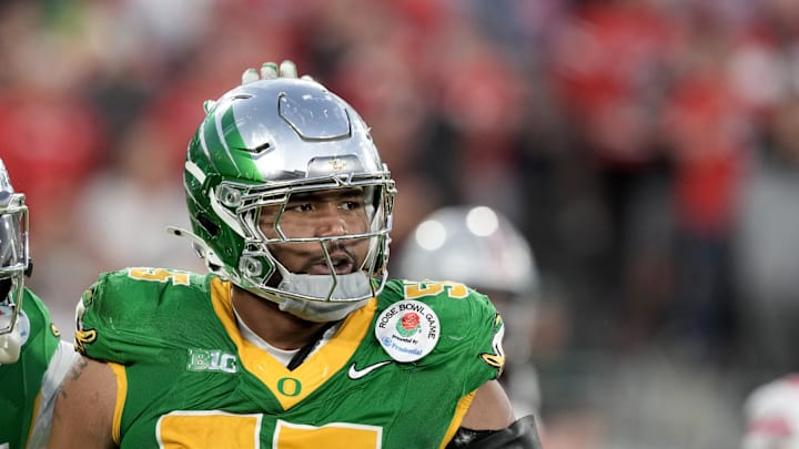 Jan 1, 2025; Pasadena, CA, USA; Oregon Ducks defensive lineman Derrick Harmon (55) reacts in the second half against the Ohio State Buckeyes in the 2025 Rose Bowl college football quarterfinal game at Rose Bowl Stadium. Mandatory Credit: Kirby Lee-Imagn Images