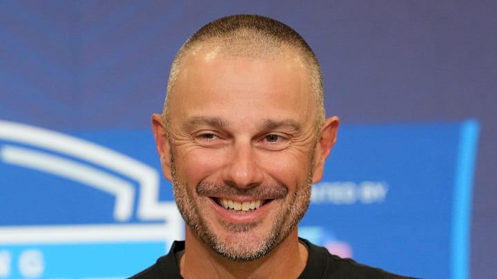 Las Vegas Raiders GM John Spytek addresses reporters at the 2026 NFL combine.