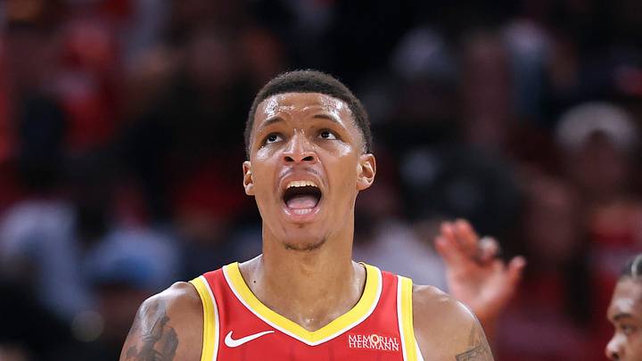 Oct 21, 2026; Houston, Texas, USA; Houston Rockets forward Jabari Smith Jr. (10) reacts after a play during the third quarter against the Dallas Mavericks at Toyota Center. Mandatory Credit: Troy Taormina-Imagn Images