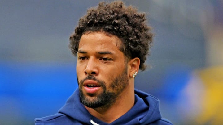 Sep 21, 2025; Inglewood, California, USA; Denver Broncos safety Brandon Jones (22) warms up before the game against the Los Angeles Chargers at SoFi Stadium. Mandatory Credit: Jayne Kamin-Oncea-Imagn Images
