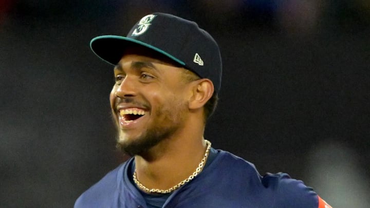 Seattle Mariners center fielder Julio Rodriguez (44) celebrates after the final out of the ninth inning against the Los Angeles Angels at Angel Stadium on July 24. 