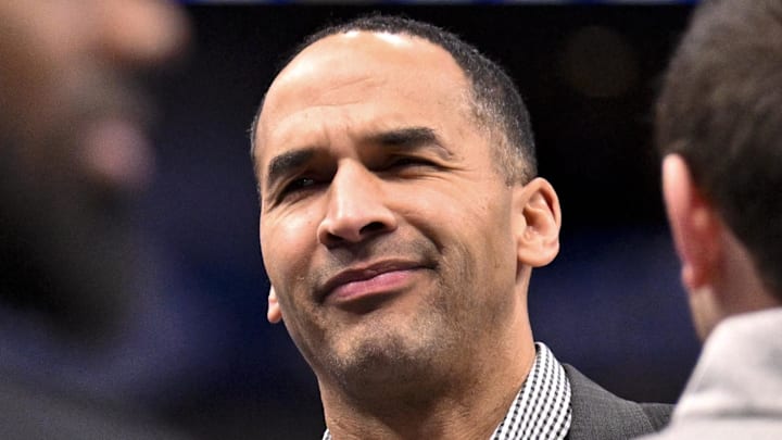 Feb 10, 2025; Dallas, Texas, USA; Dallas Mavericks general manager Nico Harrison speaks with fans before the game between the Dallas and the Sacramento Kings at the American Airlines Center. Mandatory Credit: Jerome Miron-Imagn Images