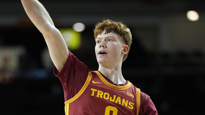 Dec 17, 2025; Los Angeles, California, USA; Southern California Trojans guard Ryan Cornish (9) shoots the ball against the UTSA Roadrunners in the first half at Galen Center. Mandatory Credit: Kirby Lee-Imagn Images