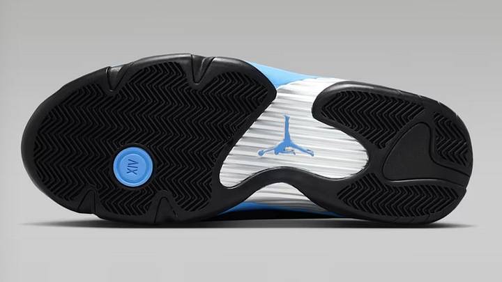The Air Jordan 14 'University Blue and Black' colorway. The Air Jordan 14 'University Blue and Black' colorway.