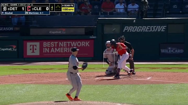 Guardians' Angel Martinez's foul ball shattered an ESPN camera behind home plate during Game 1 against the Tigers.