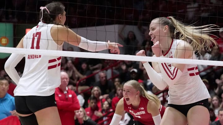 Wisconsin outside hitter Mimi Colyer (15) celebrates a point during their match against Illinois Thursday, October 2, 2025 at the UW Field House in Madison, Wisconsin. Wisconsin beat Illinois 3-0.