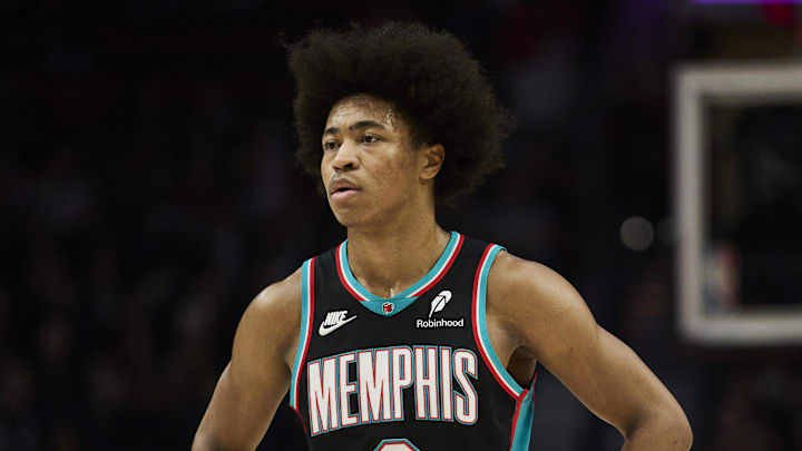 Feb 6, 2026; Portland, Oregon, USA; Memphis Grizzlies forward Jaylen Wells (0) stands during the first half against Portland Trail Blazers forward Toumani Camara (33) at Moda Center. Mandatory Credit: Troy Wayrynen-Imagn Images