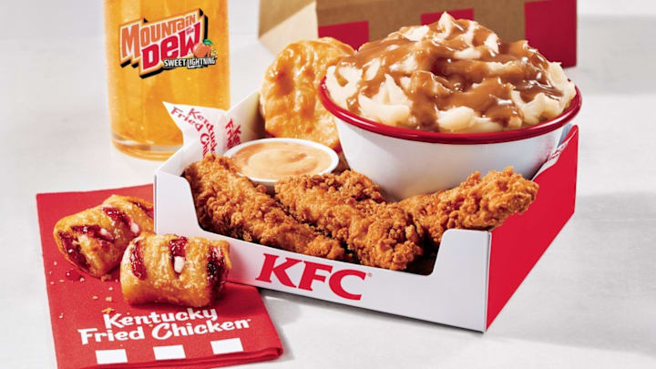 Try KFC’s Three-Piece Tenders Fill Up including iconic mashed potatoes and gravy, a buttery biscuit, two pie poppers, and a medium drink for only $7.