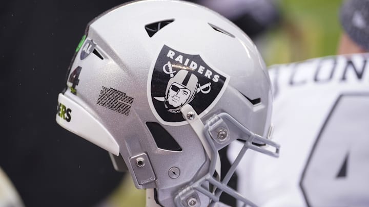 Dec 25, 2023; Kansas City, Missouri, USA; A general view of a Las Vegas Raiders helmet against the Kansas City Chiefs prior to a game at GEHA Field at Arrowhead Stadium. Mandatory Credit: Denny Medley-Imagn Images