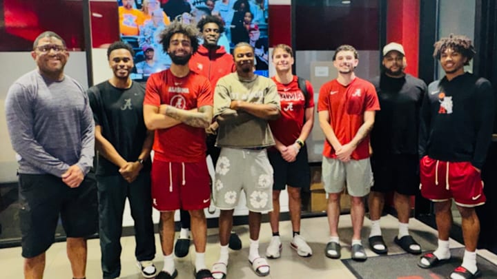 Alabama basketball players, including Houston Mallette and Latrell Wrightsell, with Team Chaplains Scotty Hollins Sr. and Dre McClean following a team Bible study.