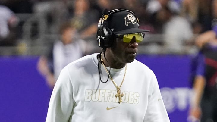 Oct 4, 2025; Fort Worth, Texas, USA; Colorado Buffaloes head coach Deion Sanders on the sidelines during the first half against the TCU Horned Frogs at Amon G. Carter Stadium. Mandatory Credit: Raymond Carlin III-Imagn Images