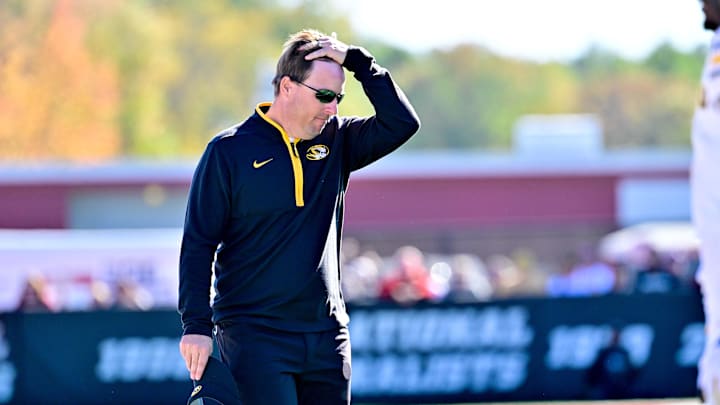 Oct 12, 2024; Amherst, Massachusetts, USA; Missouri Tigers head coach Eliah Drinkwitz walks on the sideline during the second half against the Massachusetts Minutemen at Warren McGuirk Alumni Stadium. Mandatory Credit: Eric Canha-Imagn Images