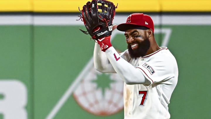 Apr 4, 2026; Anaheim, California, USA; Los Angeles Angels right fielder Jo Adell (7) reacts after making a catch against the Seattle Mariners during the ninth inning at Angel Stadium. Mandatory Credit: Jonathan Hui-Imagn Images