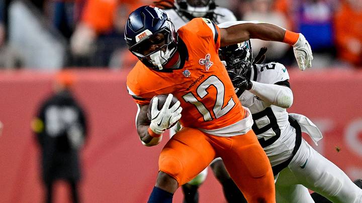 DENVER, CO - DECEMBER 21: Denver Broncos running back RJ Harvey (12) runs after a catch in the fourth quarter during a game between the Jacksonville Jaguars and the Denver Broncos at Empower Field at Mile High on December 21, 2025 in Denver, Colorado. DENVER, CO - DECEMBER 21: Denver Broncos running back RJ Harvey (12) runs after a catch in the fourth quarter during a game between the Jacksonville Jaguars and the Denver Broncos at Empower Field at Mile High on December 21, 2025 in Denver, Colorado.