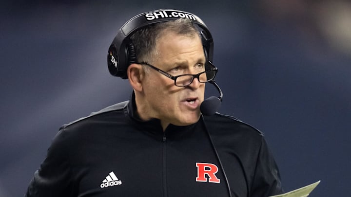 Dec 26, 2024; Phoenix, AZ, USA; Rutgers Scarlet Knights head coach Greg Schiano against the Kansas State Wildcats during the Rate Bowl at Chase Field. Mandatory Credit: Mark J. Rebilas-Imagn Images