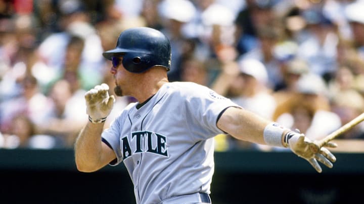 Seattle Mariners right fielder Jay Buhner in action at the plate against the Cleveland Indians at Jacobs Field during the 1998 season. 