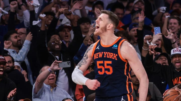 Apr 22, 2024; New York, New York, USA; New York Knicks center Isaiah Hartenstein (55) celebrates after blocking a shot by Philadelphia 76ers guard Tyrese Maxey (not pictured) during the fourth quarter during game two of the first round for the 2024 NBA playoffs at Madison Square Garden. Mandatory Credit: Vincent Carchietta-USA TODAY Sports Apr 22, 2024; New York, New York, USA; New York Knicks center Isaiah Hartenstein (55) celebrates after blocking a shot by Philadelphia 76ers guard Tyrese Maxey (not pictured) during the fourth quarter during game two of the first round for the 2024 NBA playoffs at Madison Square Garden. Mandatory Credit: Vincent Carchietta-USA TODAY Sports