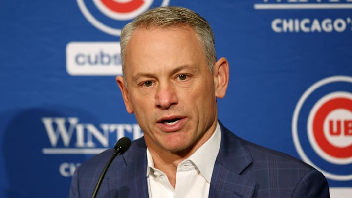 Cubs president of baseball operations Jed Hoyer talks to media during a press conference.