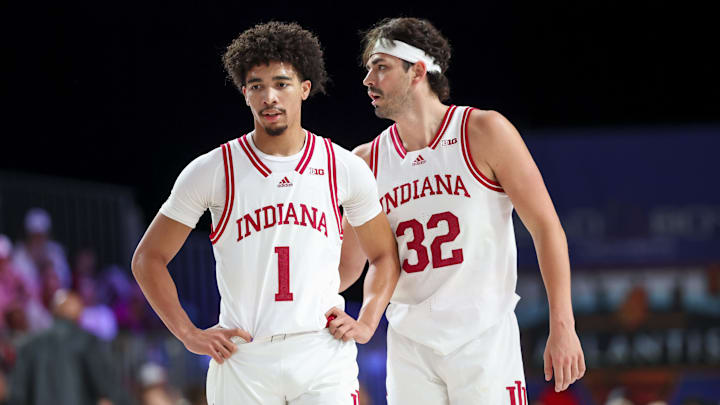 Indiana guards Myles Rice (1) and Trey Galloway (32) against Providence in the Bahamas. Indiana guards Myles Rice (1) and Trey Galloway (32) against Providence in the Bahamas.