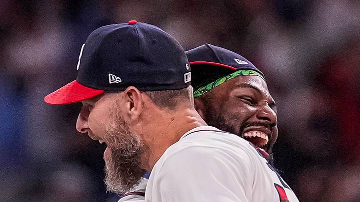 Aug 27, 2026; Cumberland, Georgia, USA; Atlanta Braves pitcher Chris Sale (51) reacts with center fielder Michael Harris II (23) after the Braves defeated the Los Angeles Dodgers at Truist Park. Mandatory Credit: Dale Zanine-Imagn Images Aug 27, 2026; Cumberland, Georgia, USA; Atlanta Braves pitcher Chris Sale (51) reacts with center fielder Michael Harris II (23) after the Braves defeated the Los Angeles Dodgers at Truist Park. Mandatory Credit: Dale Zanine-Imagn Images