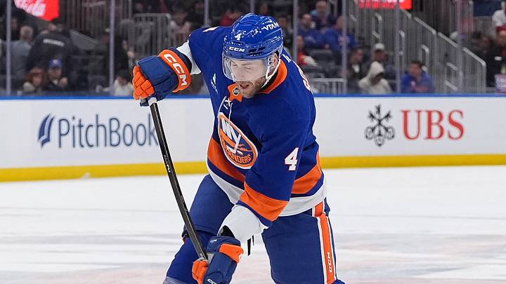 Apr 12, 2026; Elmont, New York, USA; New York Islanders defenseman Carson Soucy (4) shoots the puck in the second period against the Montréal Canadiens at UBS Arena. Mandatory Credit: Alexander Wohl-Imagn Images Apr 12, 2026; Elmont, New York, USA; New York Islanders defenseman Carson Soucy (4) shoots the puck in the second period against the Montréal Canadiens at UBS Arena. Mandatory Credit: Alexander Wohl-Imagn Images