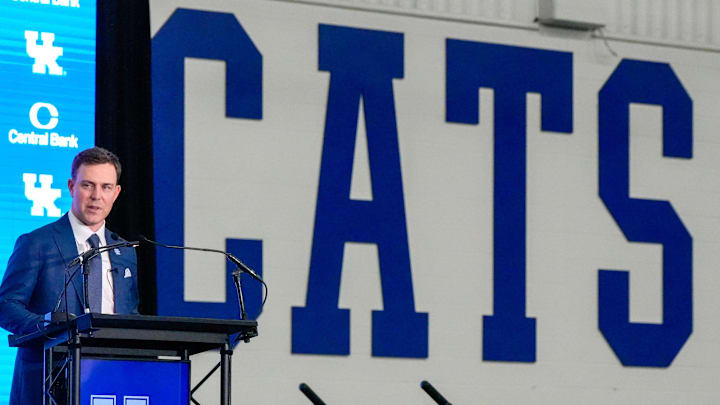 New Kentucky Wildcat head coach Will Stein makes remarks as he is introduced at Kentucky on Wednesday, December 3, 2025