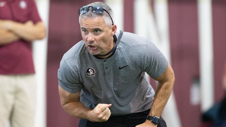 Florida State University football head coach Mike Norvell makes the rounds at his Big Man Camp held at FSU's indoor practice facility on Wednesday, June 9, 2021.