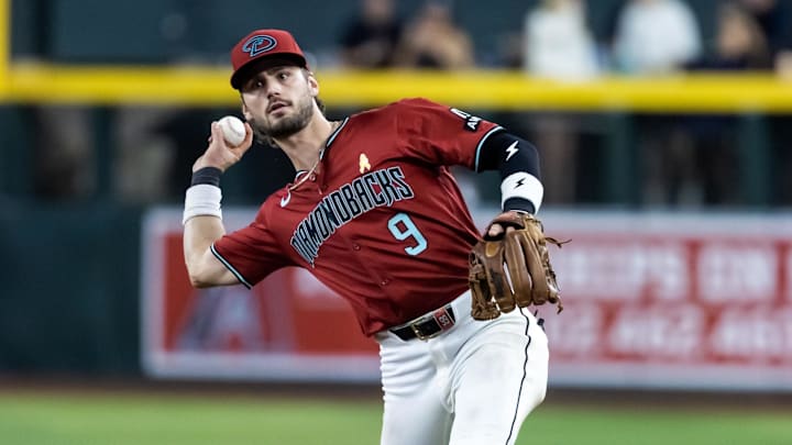 Sep 7, 2025; Phoenix, Arizona, USA; Arizona Diamondbacks infielder Blaze Alexander against the Boston Red Sox at Chase Field. Mandatory Credit: Mark J. Rebilas-Imagn Images