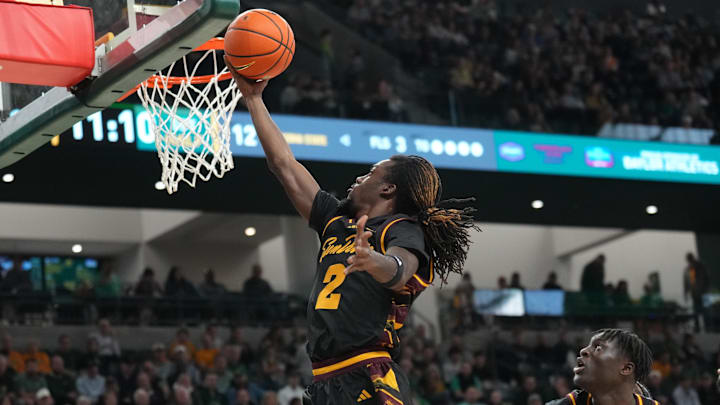 Feb 21, 2026; Waco, Texas, USA; Arizona State Sun Devils guard Anthony Johnson (2) scores a layup against the Baylor Bears during the first half at Paul and Alejandra Foster Pavilion. Mandatory Credit: Chris Jones-Imagn Images