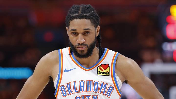 Mar 30, 2026; Oklahoma City, Oklahoma, USA; Oklahoma City Thunder guard Isaiah Joe (11) walks down the court during the second half against the Detroit Pistons at Paycom Center. Mandatory Credit: Alonzo Adams-Imagn Images