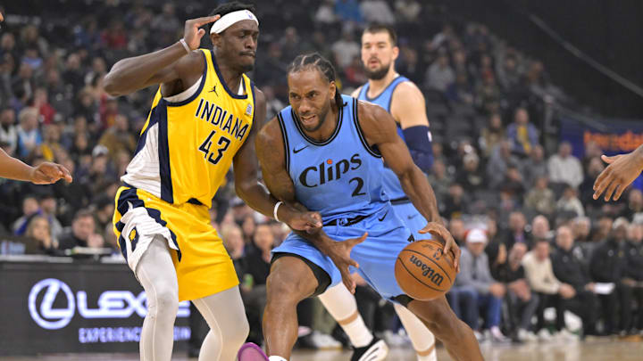 Feb 6, 2025; Inglewood, California, USA; Los Angeles Clippers forward Kawhi Leonard (2) is defended by Indiana Pacers forward Pascal Siakam (43) as he drives to the basket in the first half at Intuit Dome. Mandatory Credit: Jayne Kamin-Oncea-Imagn Images