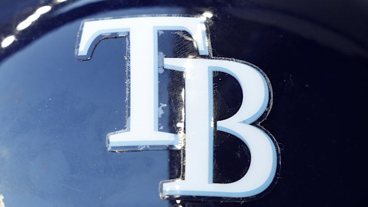 Aug 9, 2022; Milwaukee, Wisconsin, USA;  The Tampa Bay Rays logo on a batting helmet prior to the game against the Milwaukee Brewers at American Family Field. 