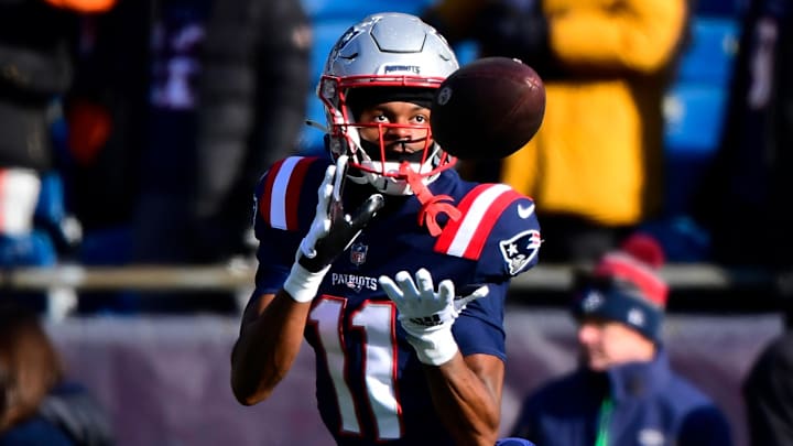 Dec 24, 2022; Foxborough, Massachusetts, USA; New England Patriots wide receiver Tyquan Thornton (11) warms up before the start of a game against the Cincinnati Bengals at Gillette Stadium. Mandatory Credit: Eric Canha-Imagn Images