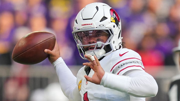 Dec 1, 2024; Minneapolis, Minnesota, USA; Arizona Cardinals quarterback Kyler Murray (1) passes against the Minnesota Vikings in the second quarter at U.S. Bank Stadium. Mandatory Credit: Brad Rempel-Imagn Images