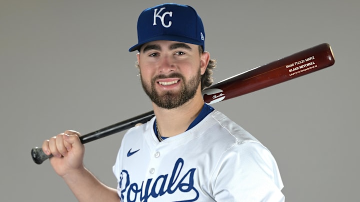 Feb 19, 2025; Surprise, AZ, USA; Kansas City Royals catcher Blake Mitchell (76) poses for a photo during media day. Mandatory Credit: Jayne Kamin-Oncea-Imagn Images Feb 19, 2025; Surprise, AZ, USA; Kansas City Royals catcher Blake Mitchell (76) poses for a photo during media day. Mandatory Credit: Jayne Kamin-Oncea-Imagn Images