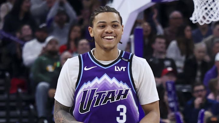 Jan 30, 2026; Salt Lake City, Utah, USA; Utah Jazz guard Keyonte George (3) reacts after a three point basket against the Brooklyn Nets during the second half at Delta Center. Mandatory Credit: Rob Gray-Imagn Images