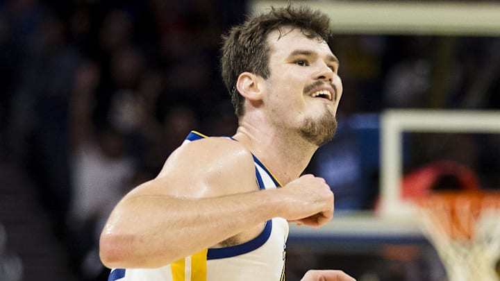 Oct 8, 2025; San Francisco, California, USA;  Golden State Warriors center Quinten Post (21) reacts after hitting a three-point shot against the Portland Trail Blazers during the fourth quarter at Chase Center. Mandatory Credit: John Hefti-Imagn Images