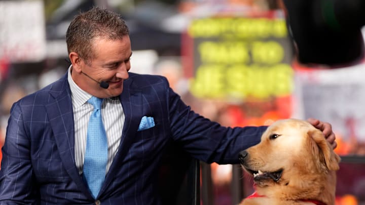 Kirk Herbstreit pets his dog, Peter, on the set of ESPN College GameDay prior to the NCAA football game between the Ohio State Buckeyes and the Texas Longhorns at Ohio Stadium on Aug. 30, 2025. Kirk Herbstreit pets his dog, Peter, on the set of ESPN College GameDay prior to the NCAA football game between the Ohio State Buckeyes and the Texas Longhorns at Ohio Stadium on Aug. 30, 2025.