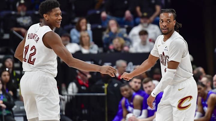 Mar 23, 2025; Salt Lake City, Utah, USA; Cleveland Cavaliers guard Darius Garland (10) and Cleveland Cavaliers forward/guard De'Andre Hunter (12) celebrate after a three point shot against the Utah Jazz during the second half at Delta Center. Mandatory Credit: Peter Creveling-Imagn Images Mar 23, 2025; Salt Lake City, Utah, USA; Cleveland Cavaliers guard Darius Garland (10) and Cleveland Cavaliers forward/guard De'Andre Hunter (12) celebrate after a three point shot against the Utah Jazz during the second half at Delta Center. Mandatory Credit: Peter Creveling-Imagn Images