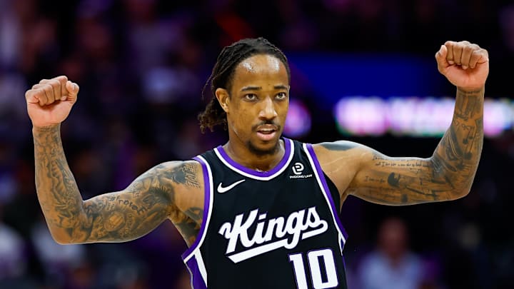 Jan 14, 2026; Sacramento, California, USA; Sacramento Kings guard DeMar DeRozan (10) celebrates after a basket during the third quarter against the New York Knicks at Golden 1 Center.