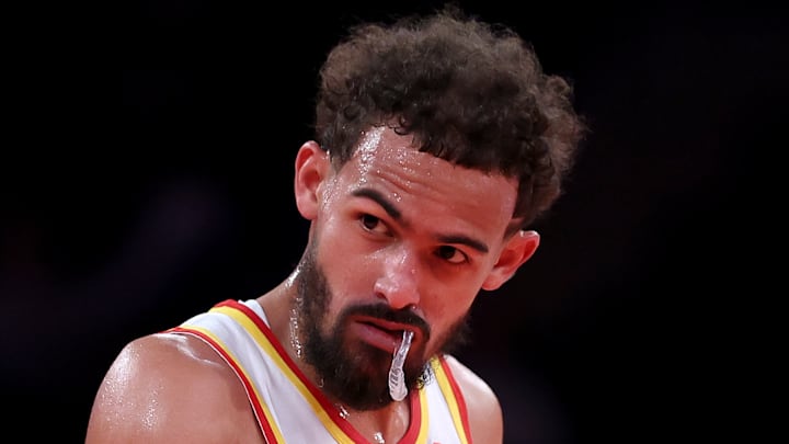 Trae Young #11 of the Atlanta Hawks reacts against the New York Knicks.