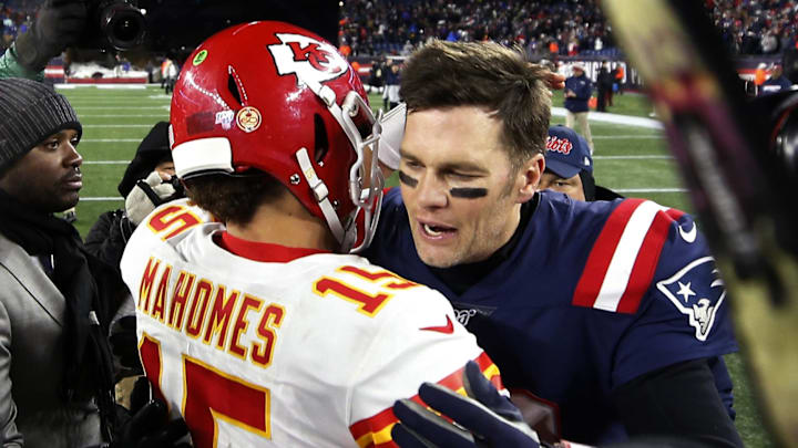 Dec 8, 2019; Foxborough, MA, USA; New England Patriots quarterback Tom Brady (12) congratulates Kansas City Chiefs quarterback Patrick Mahomes (15) after their game at Gillette Stadium. Mandatory Credit: Winslow Townson-Imagn Images Dec 8, 2019; Foxborough, MA, USA; New England Patriots quarterback Tom Brady (12) congratulates Kansas City Chiefs quarterback Patrick Mahomes (15) after their game at Gillette Stadium. Mandatory Credit: Winslow Townson-Imagn Images